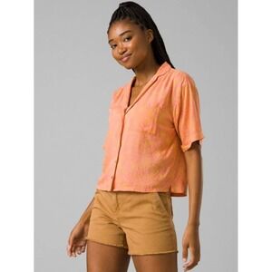 prAna Iguala Top Pink Orange Tropical Bird Print Tencel Modal Button Down S